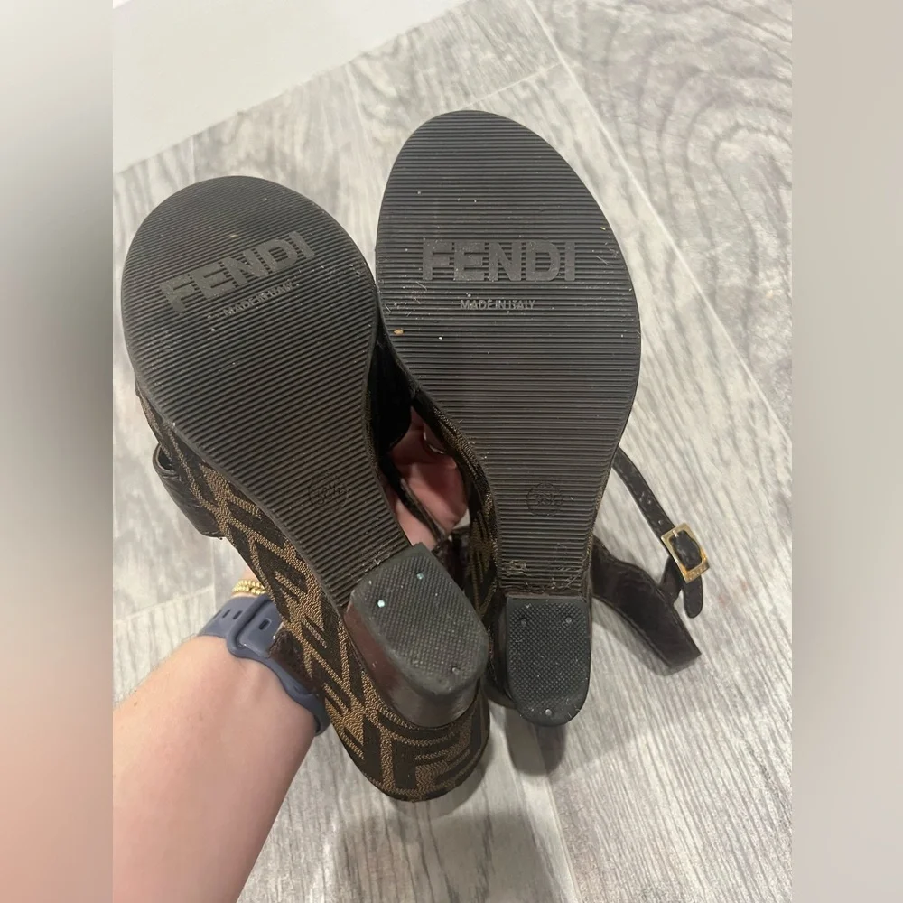 Fendi Dark Brown Monogram Wedge Sandals